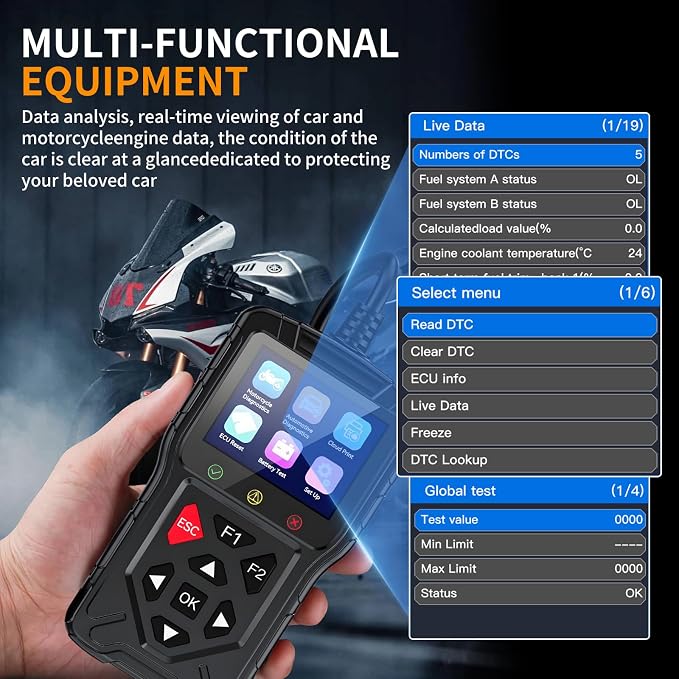 M60 2-in-1 OBD2 Scanner for Car & Motorcycle, Enhanced Live Data & Engine Fault Code Reader, Diagnostic Scan Tool for Error Check and Clear,Used for Almost OBDII Protocol Vehicles (Black)