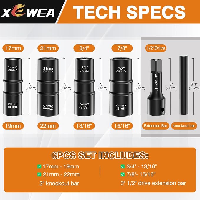 6PCS Thin Wall Lug Nut Impact Socket Set, XEWEA 1/2" Drive Impact Flip Socket Set, 8 in 1 Dual End Wheel Tire Nut Sockets Metric 17 19 21 22 mm & SAE 3/4" 13/16" 7/8" 15/16", Impact CR-MO Tool