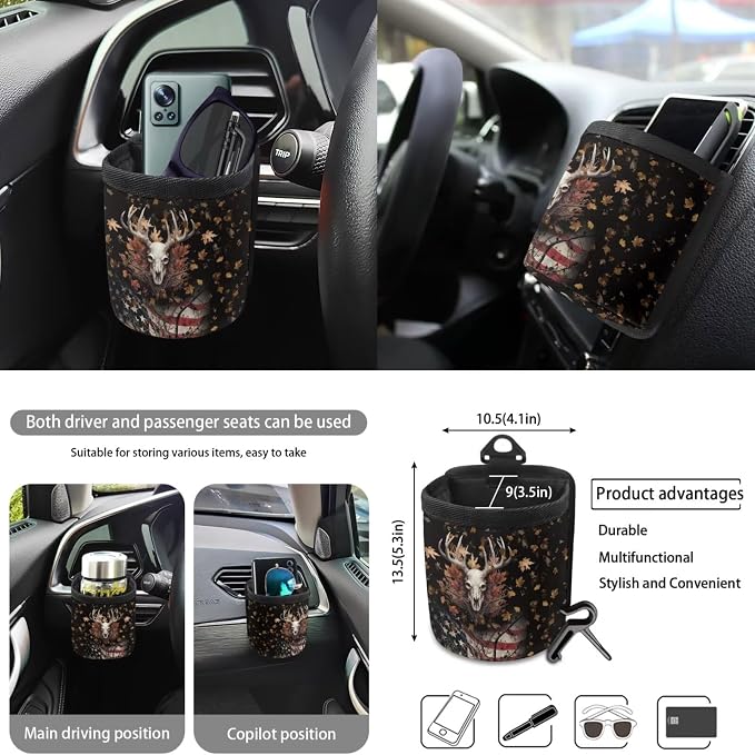 Deer American Flag Maple Leaf Pattern Auto Accessories Set of 10, Front and Rear Seat Covers Full Set, Steering Wheel Cover, Air Vent Storage Bag, Keychain, Car Trash Can, Cup Holders