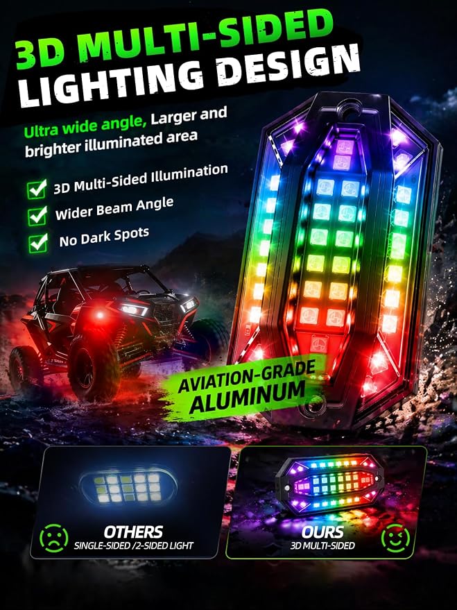 12 Pods RGB LED Rock Lights Aluminum 3D Multi-Sided Lighting w/Brake Turn Signal Reverse Mode, APP & Remote Control Music Voice Sync Underglow Lights for Trucks Offroad Utv Waterproof