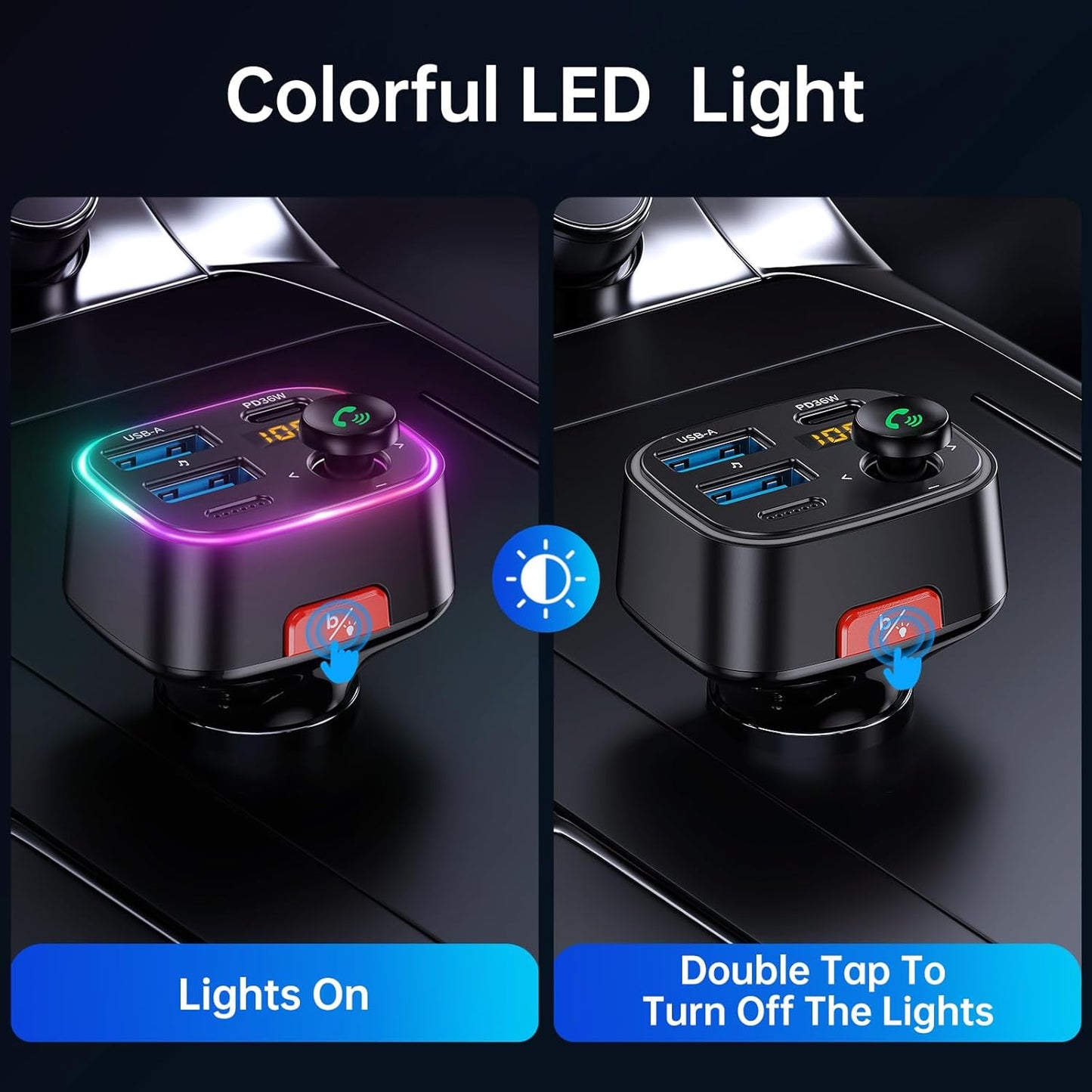 Syncwire Bluetooth 5.4 FM Transmitter Car Adapter 48W (PD 36W & 12W) [Light Switch] [HiFi Bass Sound] [Fast Charging] Wireless Radio Music Adapter LED Display Hands-Free Calling Support USB Drive