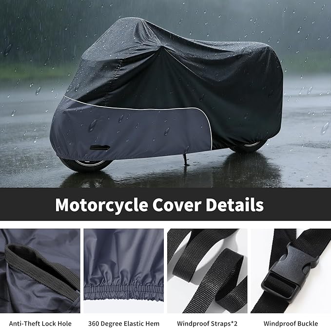 Motorcycle Cover 96 Inch with Relfection Strip, Compatible with Harley Davidson,Yamaha, Honda, Suzuki, Kawasaki All Weather Waterproof Outdoor and Dustproof Indoor, Black&Grey
