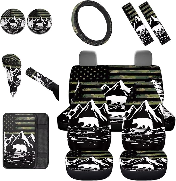Dreaweet Car Seat Covers Full Set American Flag Mountains Bear Design Seat Covers for Truck SUV Cars with Steering Wheel Cover/Armrest Cover/Seatbelt Covers/Car Coasters/Gear Shift Cover,12 Pcs Set