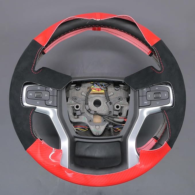 MEWANT DIY Red Shiny PU Carbon Fiber Black Athsuede Steering Wheel Cover Chevy Silverado Blazer 1500 Silverado 2500