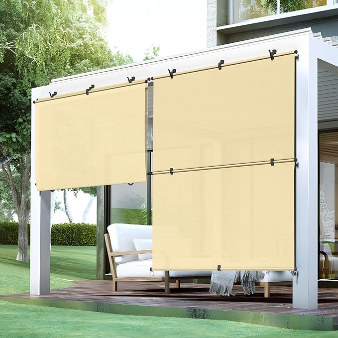 Bynbbur 6'W x 14'H Outdoor Patio Shades Foldable Roller Blinds, 220 GSM Sun Shade Roll Up Porch Screens Exterior Shade Cloth for Deck Pergola Backyard, Beige