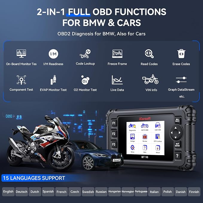 iCarsoft MT V6 Motorcycle Diagnostic Tool for BMW Full System 115 Reset /197 Actuation Test, Motorbike+Car OBD2 Scanner Code Reader with ABS Bleeding, Throttle Valve Reset, Battery Test, AutoVIN