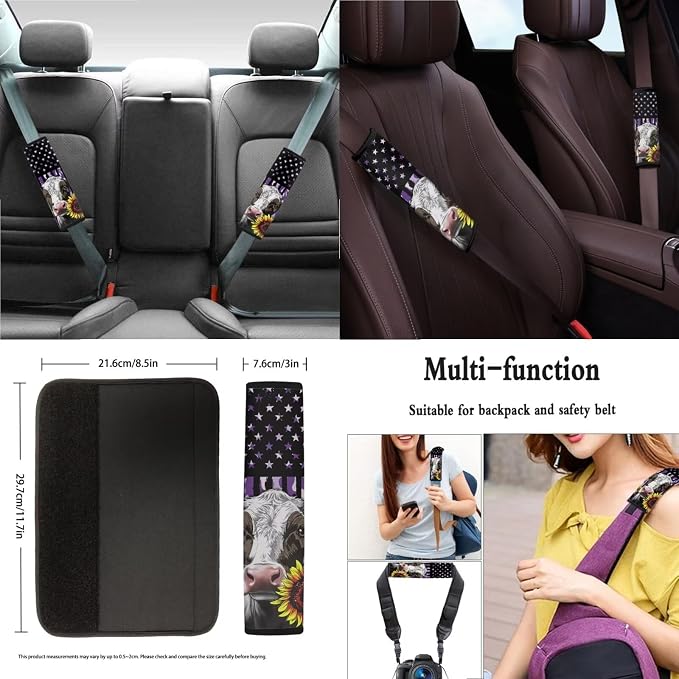 Suobstales Cow Sunflower Camo Print Car Seat Covers Full Set for Women Men American Flag Seat Cover Protector Auto Decorative with Steering Wheel Cover +Seat Belt Covers +Coasters +Keychains