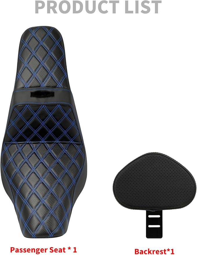 Motorcycle Seat Driver Passenger Seat with Backrests for Harley Low Rider Low Rider S ST 2018-up (Black with blue stitching)