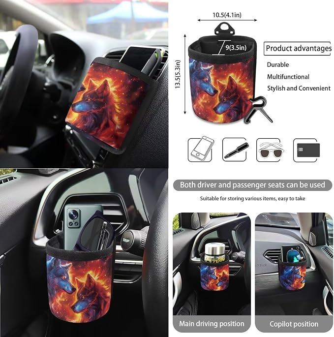 Fire Wolf Galaxy Print Car Seat Cover Sets Car Steering Wheel Cover Seat Belt Cover Trash Bin Air Vent Storage Box Front Rear View Mirror Car Cup Holder Keychain 15Pcs Car Accessories