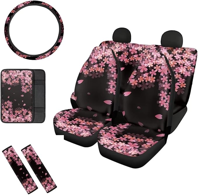 Mumeson Cherry Blossom Car Seat Covers Full Set and Steering Wheel Cover,Seat Belt Covers,Car Interior Armrest Cushion Pad Full Set of 8 Pack Auto Interior Decor Accessories Pink