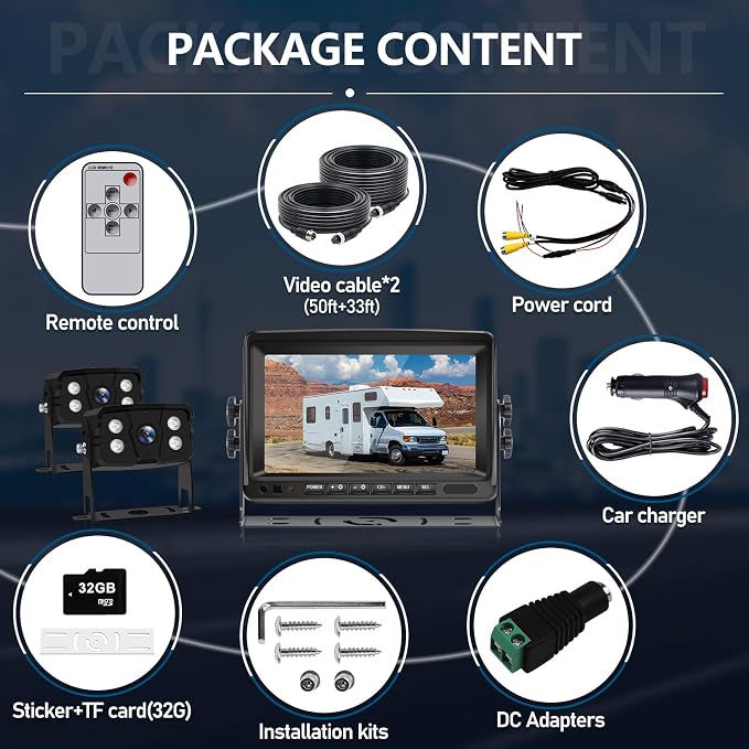 VEKOOTO Dual RV Backup Camera System 7-inch AHD 1080P Split Screen Monitor Wired Rear View Camera with IP69 Waterproof Recording IR Night Vision for Truck Camper Tractor Trailer N72