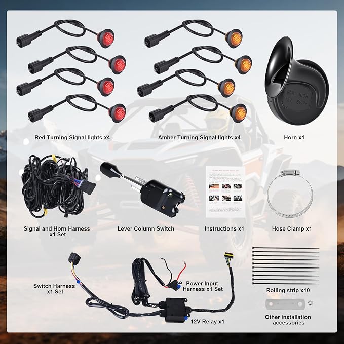 UTV Turn Signal Kit with Lever Column Switch and 8 Round Light,Pre-Wired, Plug and Play with Horn, Compatible with Polaris Ranger, RZR, Can-Am X3