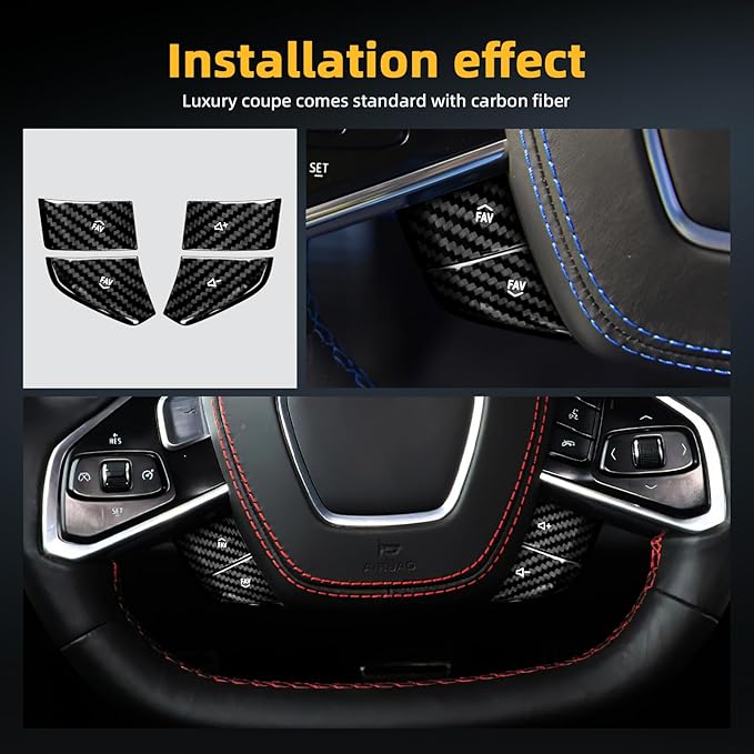 Steering Wheel Radio Button Covers with Real Carbon Fiber - 4PCS for C8 Steering Wheel Button Stickers with Radio Button, for Corvette C8 2020-2023 2024 2025 Accessories (Black)