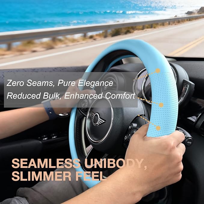 PINCTROT Large Size Nappa Leather Steering Wheel Cover, Slim Fit No Bulk Design, One Piece Leather with Breathable Perforation, Fit Like Gloves, 15.5-15.75 Inch(Nappa Aqua)