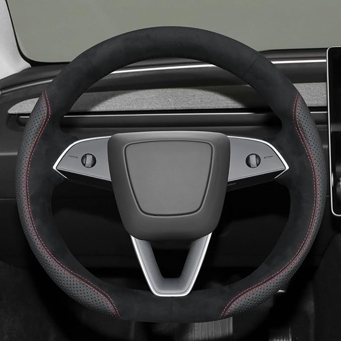 MEWANT Hand Stitch Black Athsuede Faux Leather Steering Wheel Cover for Tesla Model 3 Highland 2024 Model Juniper 2024