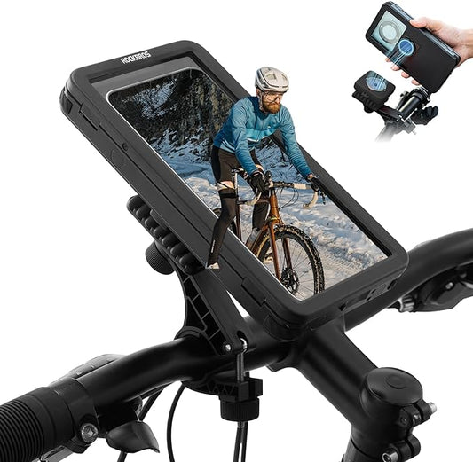 ROCKBROS Magnetic Bike Cell Phone Holder IPX4 Waterproof Motorcycle Phone Mount on Handlebar Fit for 4.7"-6.9" Phones FlipCase 360° Full-Body Protection 3S Quick Auto Lock Rotateable Anti-Shock
