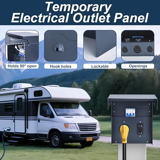 RV Electrical Panel with Breaker, Temporary Power Outlet Box, UL 50 20 Amp Receptacles, Outdoor Weatherproof Metal Enclosure, Easy Setup for Campers, Travel Trailers, Mobile Homes (Blue)