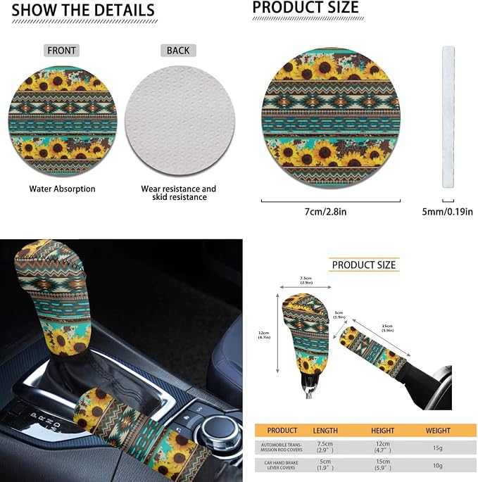 Dreaweet Sunflower Aztec Seat Covers for Cars,Green Car Seat Covers Full Set with Steering Wheel Cover/Armrest Cover/Seatbelt Covers/Car Coasters/Gear Shift Cover/Handbrake Cover,12 Pcs Set