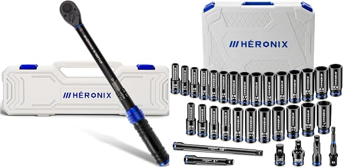 1/2 Inch Drive Click Torque Wrench and 32-Piece Impact Socket Set Bundle, 10-180 Ft.Lb High-Precision Torque Tool & Cr-V Deep SAE/Metric Sockets Master Mechanic Set