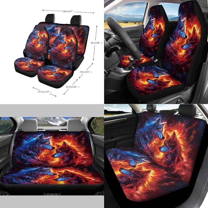 Wolf Fire Galaxy Pattern Car Accessories Car Seat Covers Full Set with Steering Wheel Covers+Seat Belt Pads+Coasters+Keychain+Lipstick Holder Universal Fit(13 Pack)