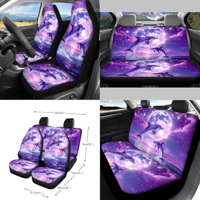 Dolphin Moon Print Car Accessories Set with Car Seat Covers Steering Wheel Cover Seatbelt Strap Pad Trash Cans Air Vent Storage Bag Cup Holder Rearview Mirror Cover Key Chain, 15 Pack