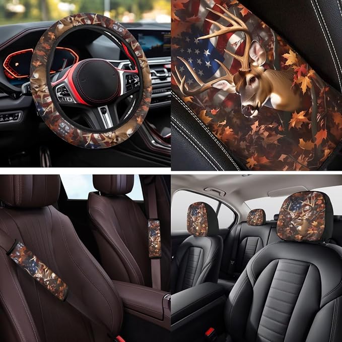Bulopur Deer Hunting Camo Auto Seat Covers Front And Backseat with Patriotic Automotive Steering Wheel Cover Cloth Armrest Cushion Pad Anti-Scratch Seat Headrest Cover 14 Piece Car Interior Decor Set