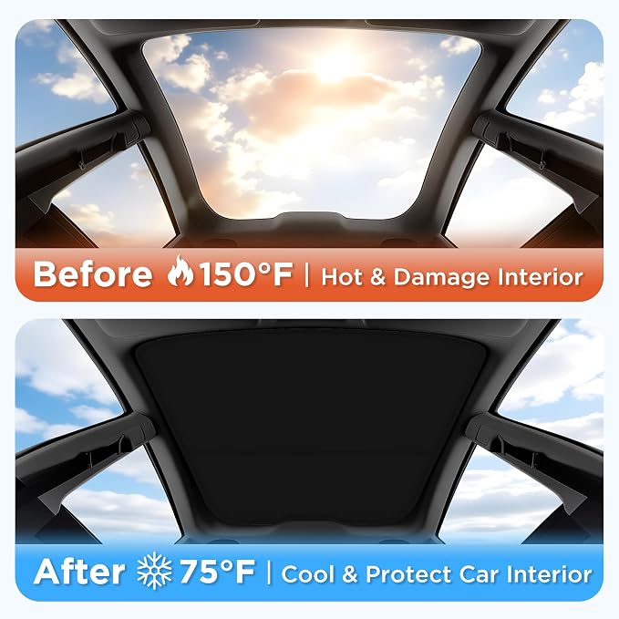2026 Upgraded for Tesla New Model Y Juniper 2025 2026 Sunshade Roof [No Sag,Ice-Crystal Cooling Coatings] Heat Insulation Glass Roof Sun Shade for Tesla Model Y Accessories 2025 2026 Black