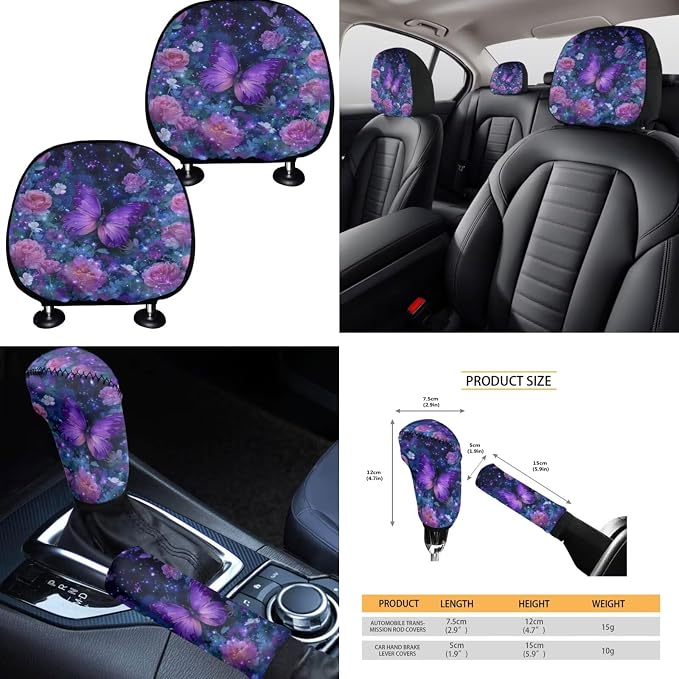 Purple Rose Butterfly Car Seat Covers Full Set for Women Cute Car Accessories Seat Cover with Wheel Cover Seatbelt Covers Car Coasters Trash Can Car Headrest Pillow Covers Armrest Pad