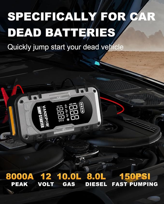 8000A Portable Car Battery Jump Starter with Air Compressor, 150PSI (9.0 L Gas/8.0L Diesel), 12V Jump Box Car Battery with 600 Lm LED Light, with Large LED Display, Power Bank