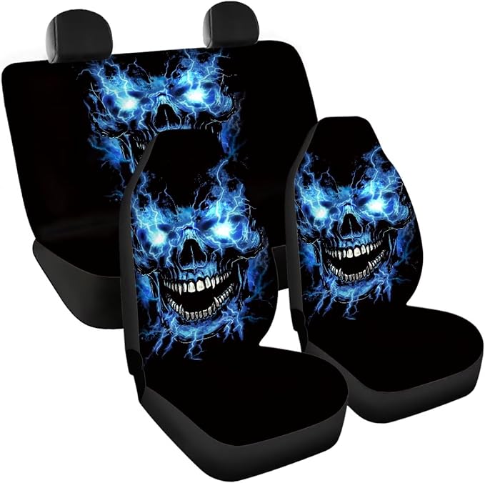 Skull Car Seat Covers Full Set with Steering Wheel Cover+Coasters+Seatbelt Pad Cover+Gear Lever Cover+Hand Brake Cover Universal Fit Most Vehicles Auto Accessories, 11Pcs