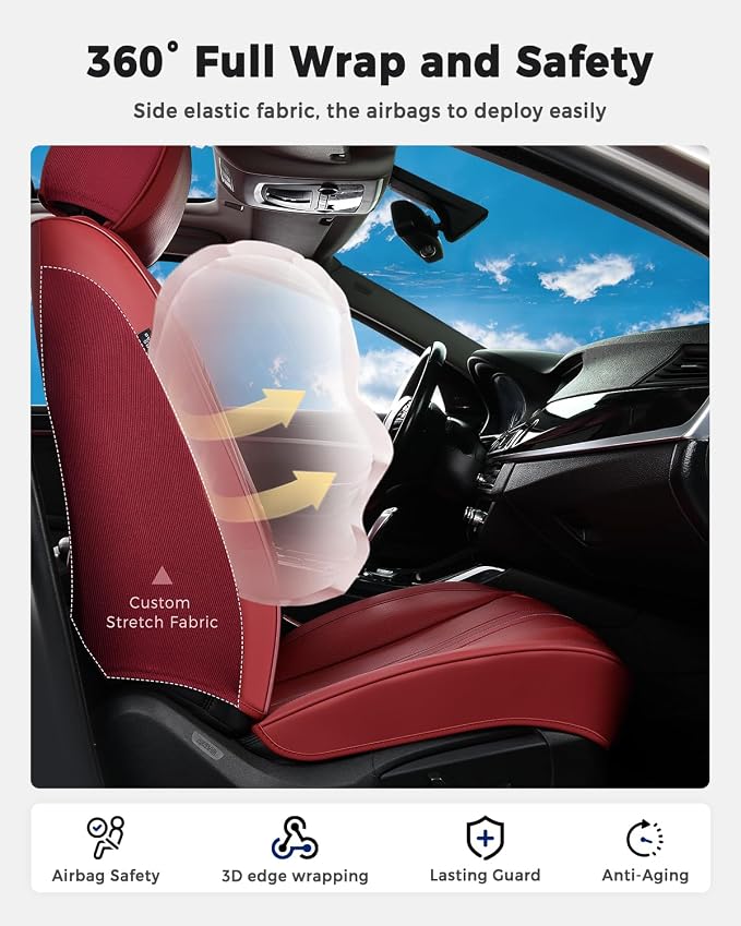 Huidasource Red Front Seat Cover, Luxury Faux Leather Front Car Seat Cover, Compatible with Airbags, Seatbelt Buckles, Perforation, Cooling＆Heating, Universal Fit for Most Cars, Vans Trucks, SUVs, Red
