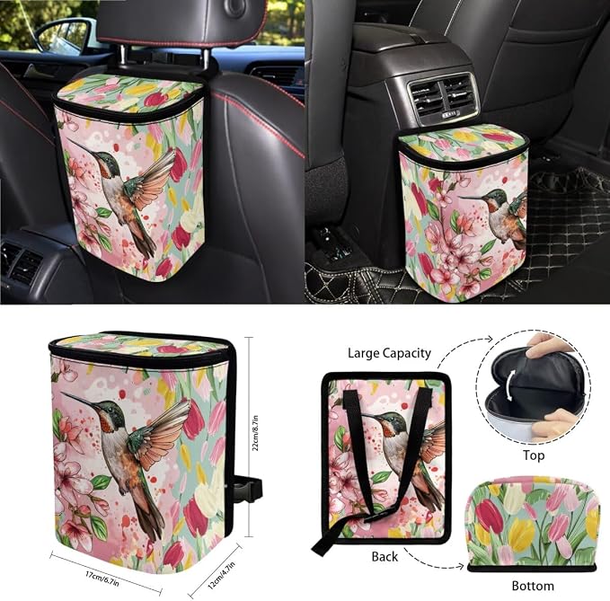 Hummingbird Tulip Floral Print Car Seat Cover Set of 15 Steering Wheel Cover Seatbelt Strap Pad Air Vent Storage Holder Trash Cans Rear View Mirror Cover Coasters Key Chain