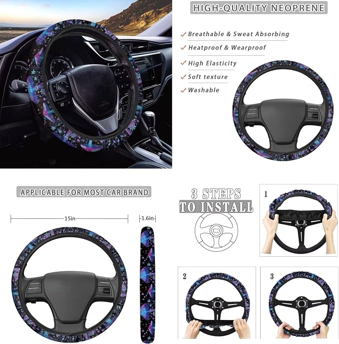 10 Pcs Purple Mushroom Snail Car Seat Covers Combo Set, Front Seat Covers Steering Wheel Cover Wrist Strap Coasters Armrest Pad Shoulder Pads- Universal Fit for Cars Trucks and SUVs