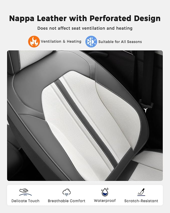 Huidasource Front Car Seat Covers, Luxury Faux Leather Car Seat Covers Front Seats, Compatible with Airbags, Seatbelt Buckles, Cooling＆Heating, Universal Fit for Most Cars Vans Trucks SUVs, Gray＆White