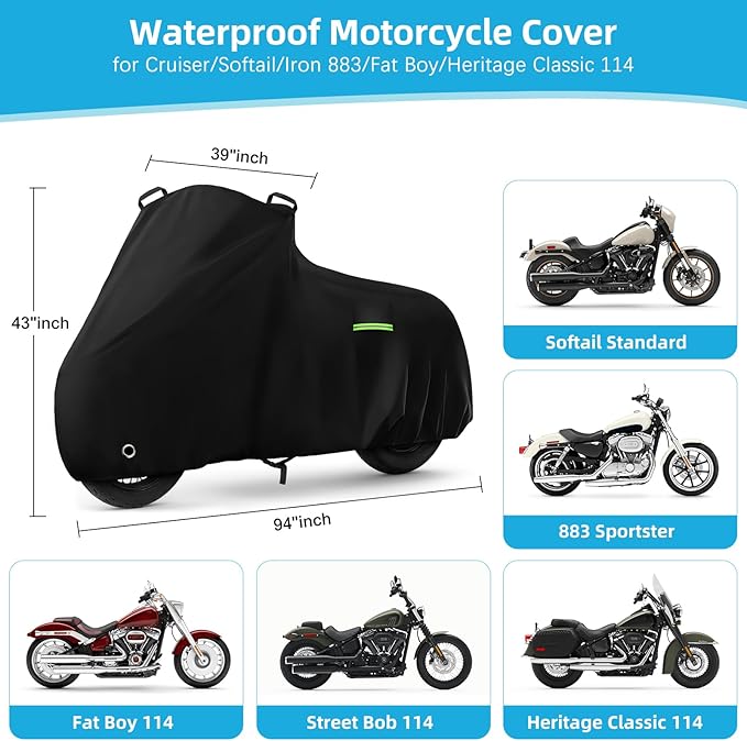 Motorcycle Cover Waterproof for Cruiser Models/Softail Standard/Iron 883/Heritage Classic 114/Fat Boy 114, All Weather Sun Rain Outdoor Protection Motorbike Cover with Soft Cotton Lining & Storage Bag