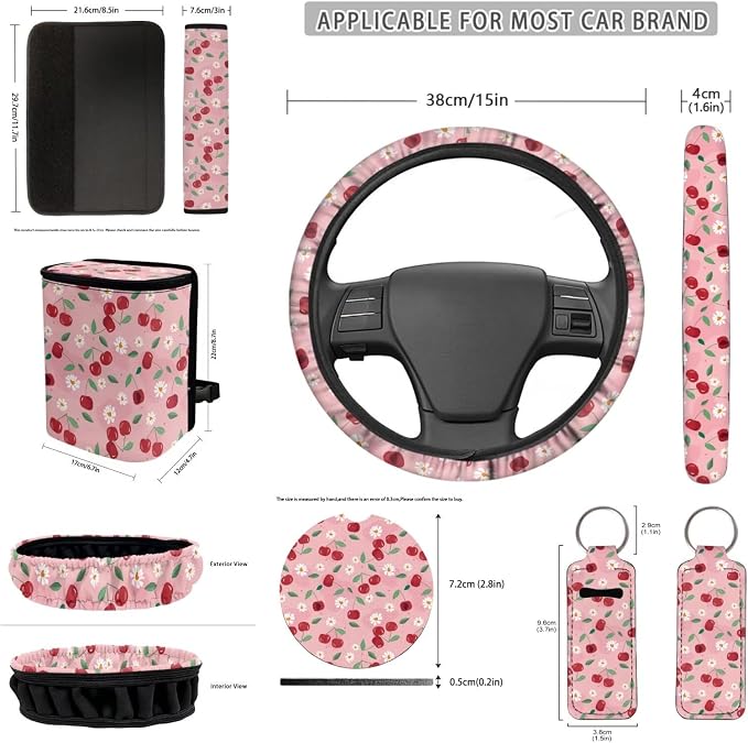 Cherry Daisy 12 Pack Car Seat Covers Sets Car Steering Wheel Cover Car Seat Belt Cover Car Trash Can Car Rear View Mirror Cover Car Cup Coasters Keychain Holder Keychains