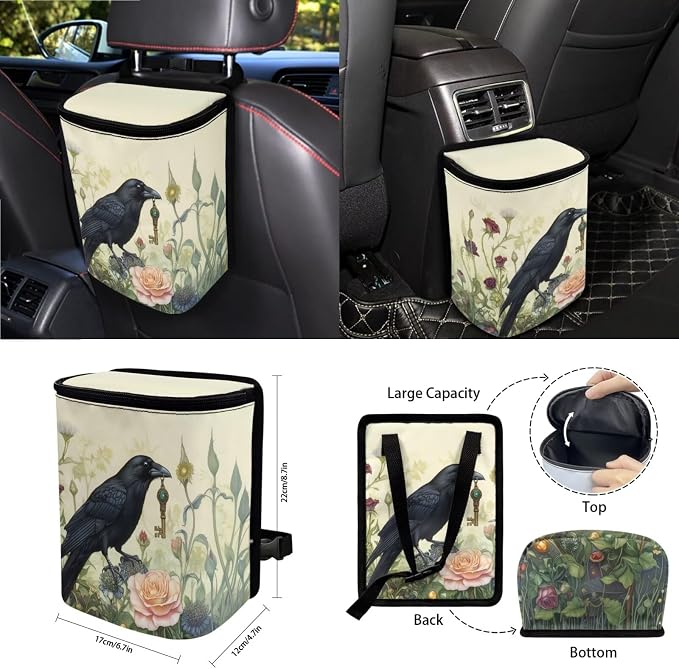Crow Flower Print Full Set with Front Back Seats Steering Wheel Covers Rearview Mirror Cover Keychain Trash Can Auto Seat Belt Pads Air Vent Storage Bag Cup Holder Coaster for Women Men