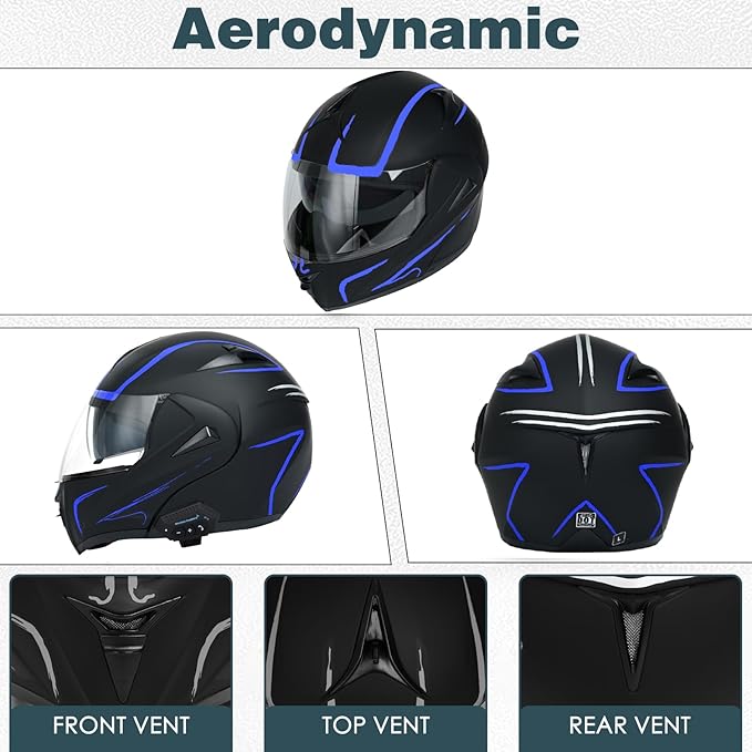 Motorcycle Bluetooth Modular Helmet, DOT Approved Dual Visor Full Face Flip Up Bluetooth Integrated Motorcycle Helmet for Adults Men and Women