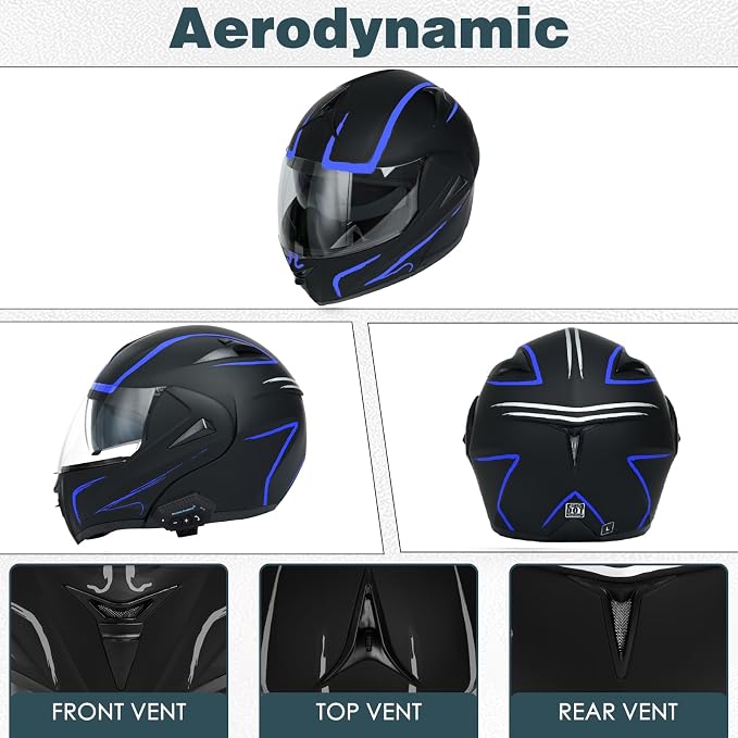 Motorcycle Bluetooth Modular Helmet, DOT Approved Dual Visor Full Face Flip Up Bluetooth Integrated Motorcycle Helmet for Adults Men and Women