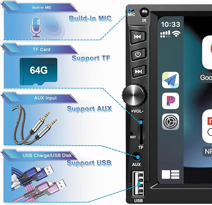 Wireless Double Din Car Stereo Works with Apple Carplay,7 Inch HD 1024 * 600 Touchscreen with Bluetooth 5.1,FM Car Radio,GPS Navigation,Backup Camera,Android Auto,Voice Control,USB/AUX/TF/SWC