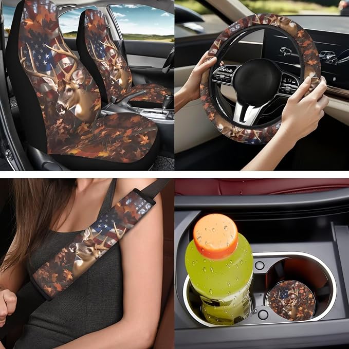 Bulopur Deer Hunting Camo Auto Seat Covers Front And Backseat with Patriotic Automotive Steering Wheel Cover Cloth Armrest Cushion Pad Anti-Scratch Seat Headrest Cover 14 Piece Car Interior Decor Set