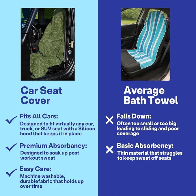 2 Pack Car Seat Towel Covers, Sweat Protector for Front Seats, Premium Thickened Microfiber with Elastic Strap, Breathable & Quick Dry, Machine Washable Cover for Gym Running Universal Fit Banana Leaf
