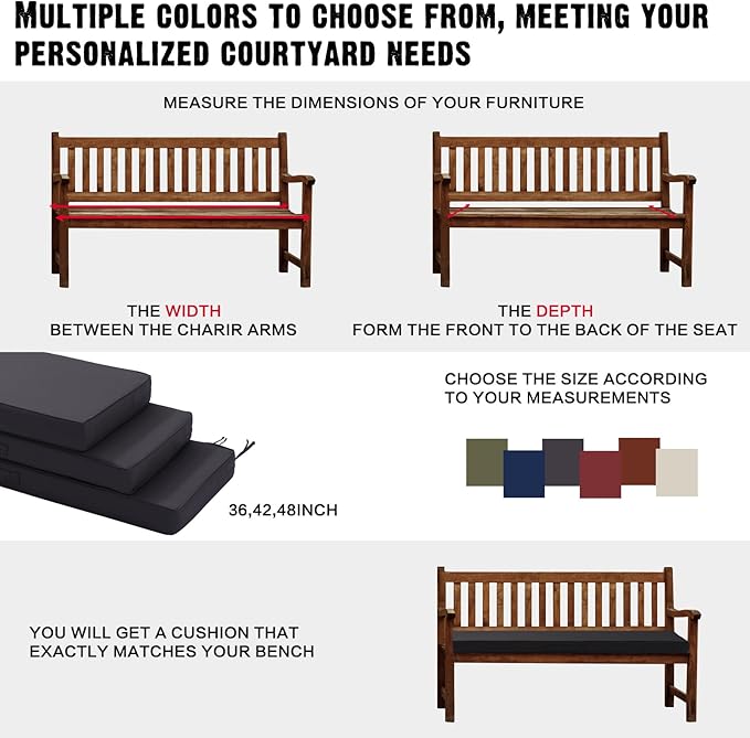 Outdoor Bench Cushion 4 inches Memory Foam Waterproof Patio Furniture Bench Cushion Porch Swing Cushion with Handle and Adjustable Strap, 60 x 18 Inch Dark Gray
