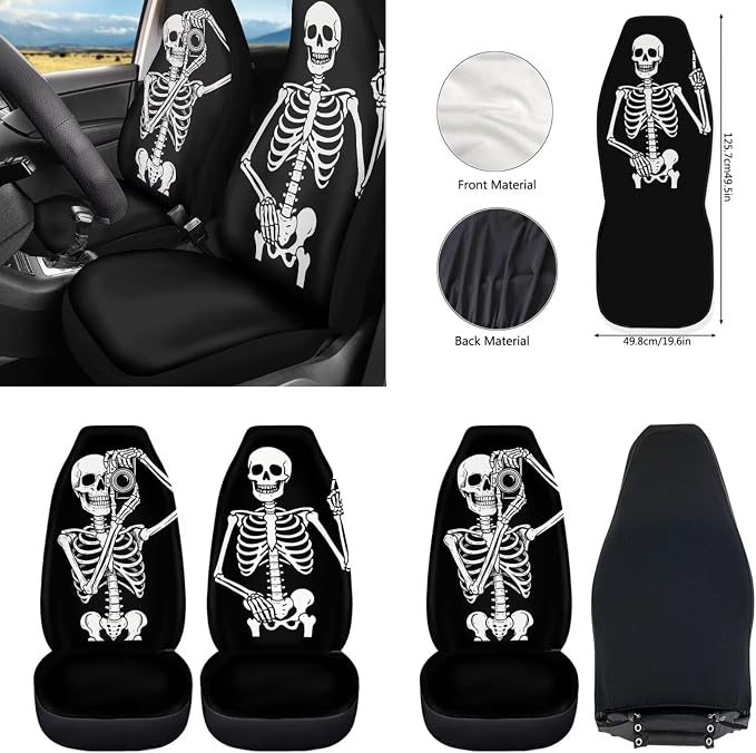 Howilath Funny Skull Car Seat Cover with Interior Accessories Center Console Cover+Steering Wheel Cover+Seatbelt Pads+Keychain+Coasters Set of 10