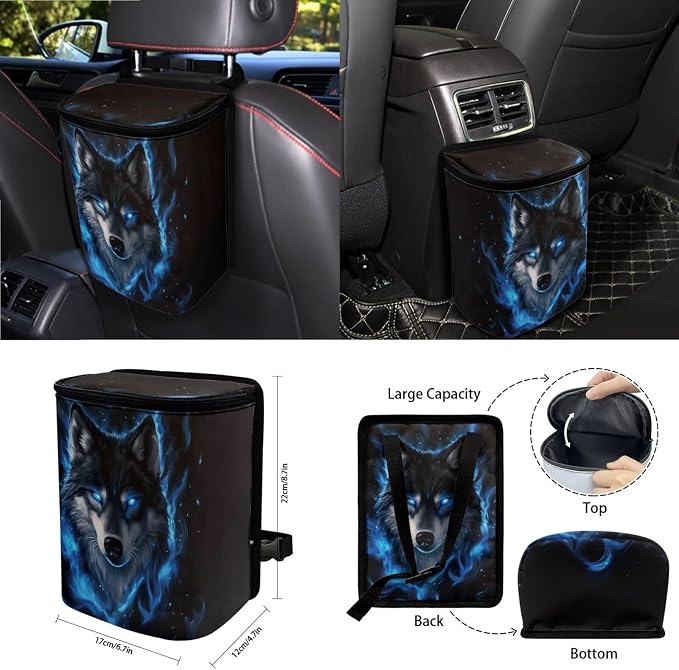 Wolf Flame Print Car Accessories Sets Wild Camo Car Seat Cover Steering Wheel Cover Seat Belt Pads Trash Cans Universal fit for SUV,Van,Saden,Truck Automobile Interior Sets, 15 Pcs, Black