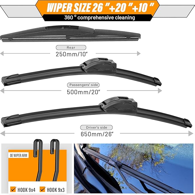 AUTOBOO 26"+20" Windshield Wipers Blades Replacement for Jeep Grand Cherokee L 2022 2023 2024 2025 with 10 Inch Rear Wiper Blade -Original Factory Quality (Pack of 3)