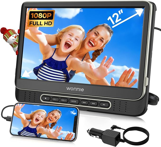 Car DVD Player, WONNIE 12" Headrest DVD Player with Mount Bracket, Supports 1080P/MP4 Video, HDMI Input/Output, AV Out, AC Adapter, Car Charger, USB Card Reader, Last Memory, All Regions