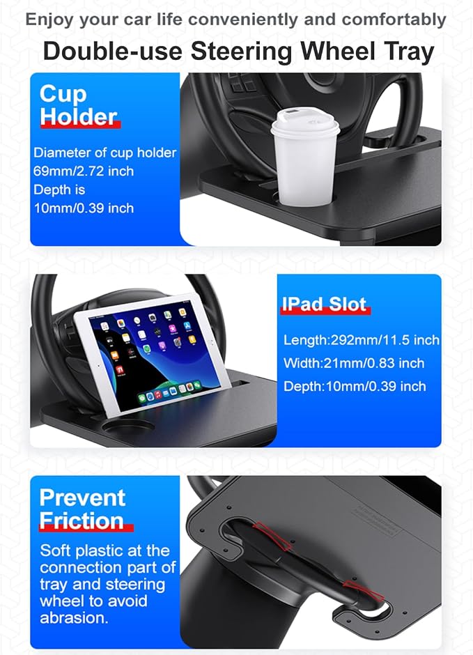 Double-use Steering Wheel Tray & Car Seat Gap Filler Organizer & Centre Console Storage Box,Car Desk/TableTray for Laptop, Eating & Work (【Integrated】 2-in-1)