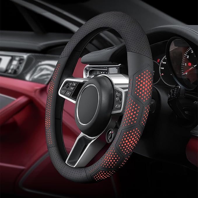 Yangday Leather Steering Wheel Cover for Jeep Wrangler Grand Cherokee Compass, 14.5-15 inches Car Steering Wheel Cover with Non-Slip Breathable (Red)
