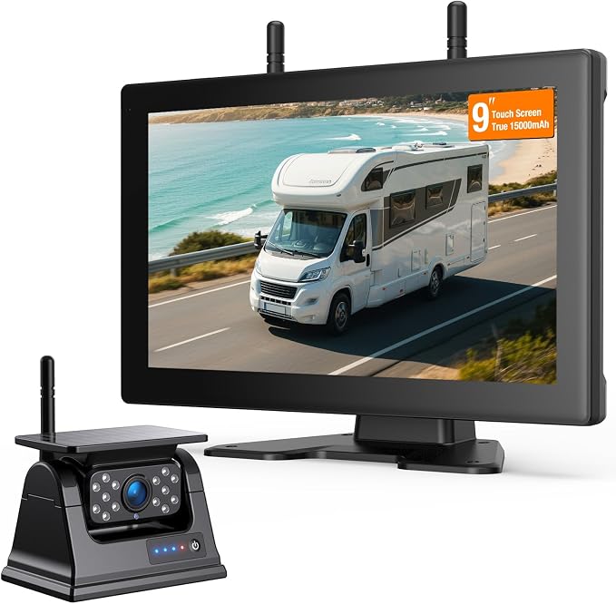 Magnetic Solar Wireless Backup Camera, 9" IPS Touchscreen Monitor HD1080P DVR Rear View Camera IP69 IR Night Vision No Wiring True 15000mAh Rechargeable Camera for RV, Trailer, Camper, Car,Truck